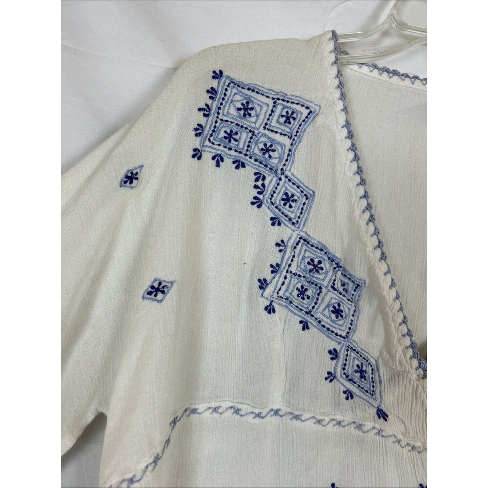 Passport Cream& Blue Tribal Ethnic Tunic TOP Sz L Passport Handkerchief Sleeves - Picture 4 of 13